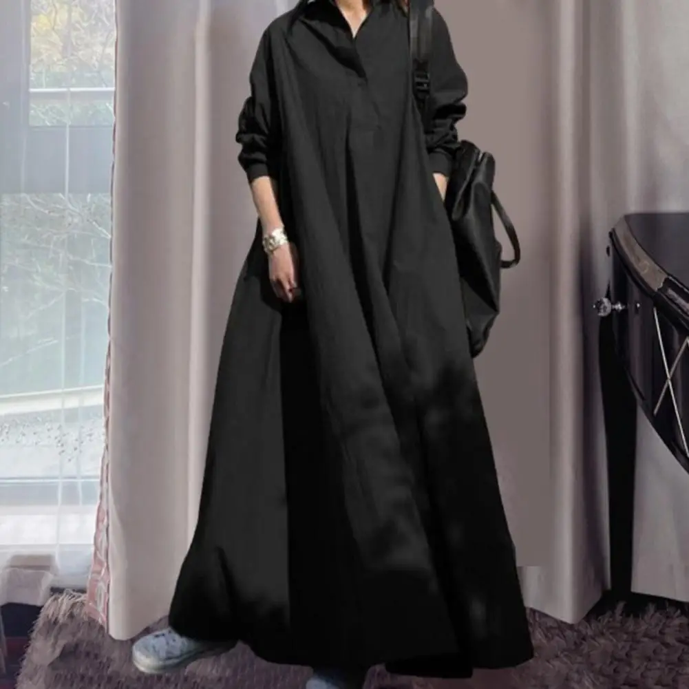 

Women Vintage Long Sleeve Loose Sundress V-Neck Shirt Dress Single Breasted Solid Color Casual Long Dress Party Vestido Robe