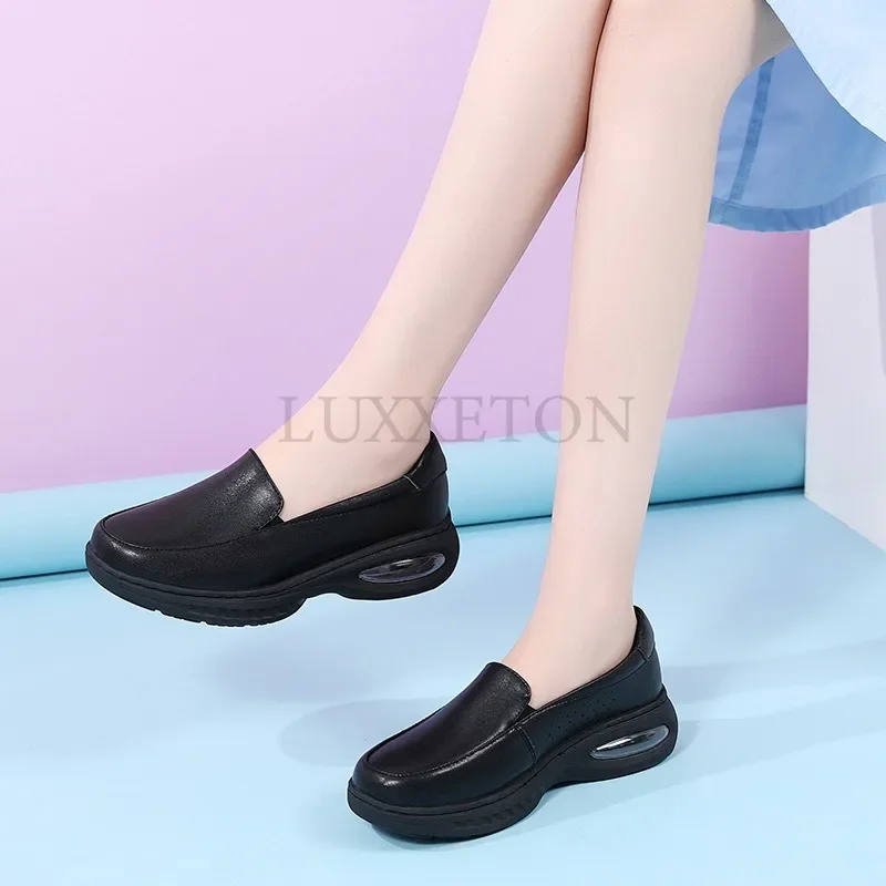 Genuine Leather Women Flats Shoes Slip on Moccasins Women Loafers Health Work Walking Soft Non Slip Hospital Nurse Shoes