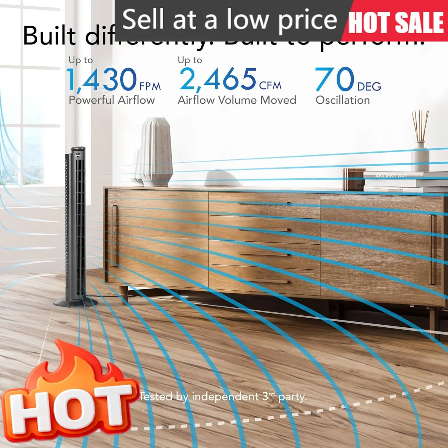 

Whole Room Tower Fan Powerful Air Circulation Space Saving Quiet Operation Five Speed Settings One To Eight Hour Timer Seventy D