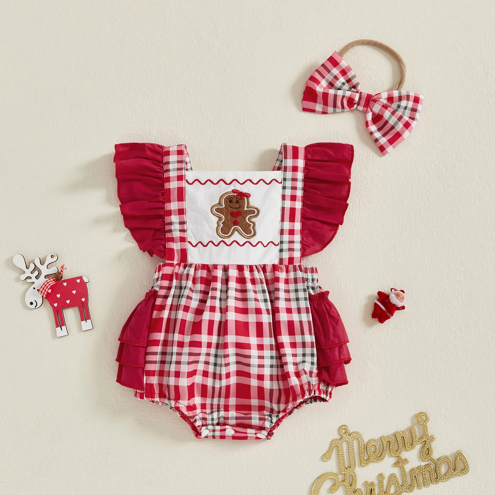 

VISgogo 0-18 Months Baby Girl Christmas Outfit Plaid Gingerbread Man Embroidered Flying Sleeve Romper Bow Headband 2 Piece Set