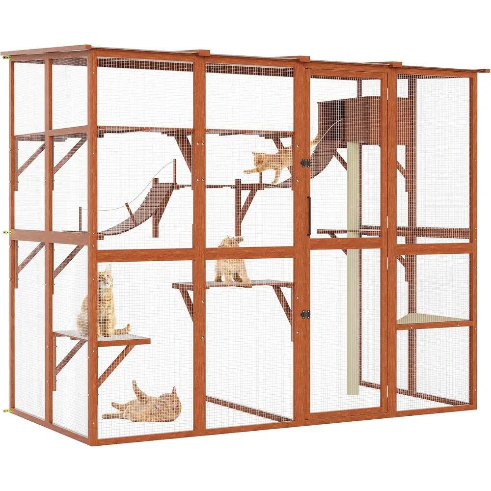 

Просторный вольер-кэттрак для нескольких кошек: уличный вольер с 4 мостиками, прозрачной ПВХ-крышей и сизалевыми когтеточками (оранжевый)