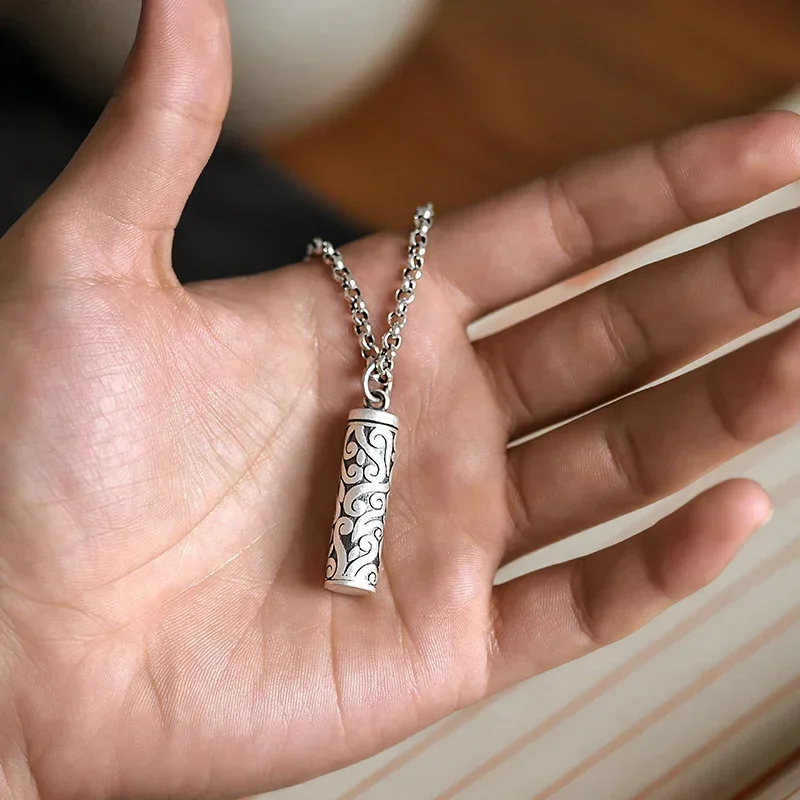 925 Silver Hollowed Out Pendant Can Be Opened Patterned Cylindrical Necklace for Men and Women's Vintage Ethnic Style Jewelry 4