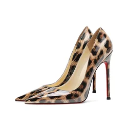 Tacones altos de suela roja para mujer, tacones finos, boca poco profunda, patrón de leopardo francés Sexy, zapatos individuales de moda, 2024 nuevo