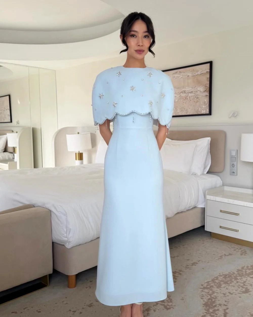 

Customized Modern Style Women Jersey Rhinestone Beading A-line Evening Dresses Elegant O-Neck Sleeveless Ankle Length Dresses