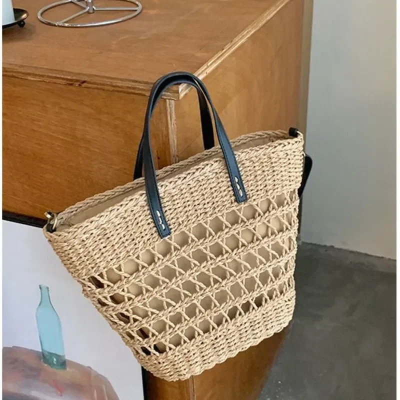 %a Large Capacity Vacuum Bags Hollow Out Woven String Bag Zipper Inner