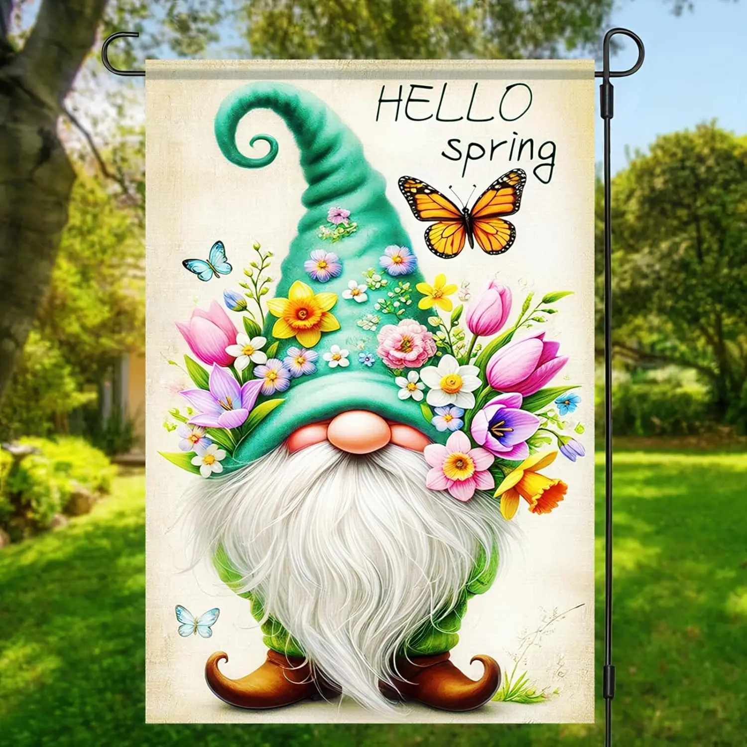 Hello Spring Garden Flag for Outside 12x18 Double Sided Gnome Roses Flowers Small Yard Flag Summer Seasonal Decors for Outsi yyi