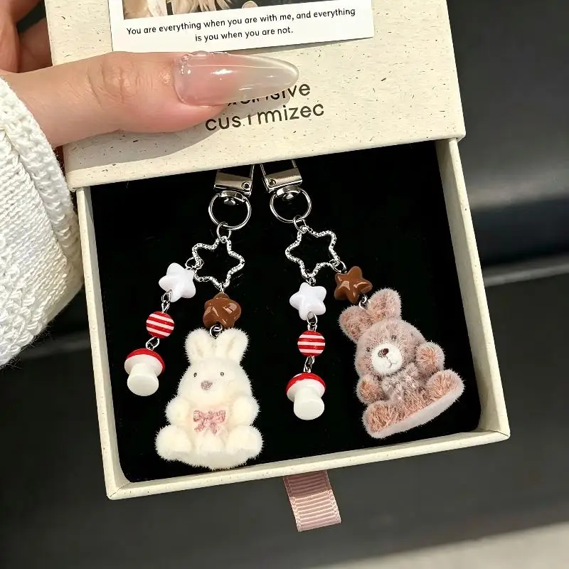Cute Fluffy Plush Bunny And Bear Keychains With Star Mushroom Pendants Perfect For Bag Decoration Girls Daily Gifts