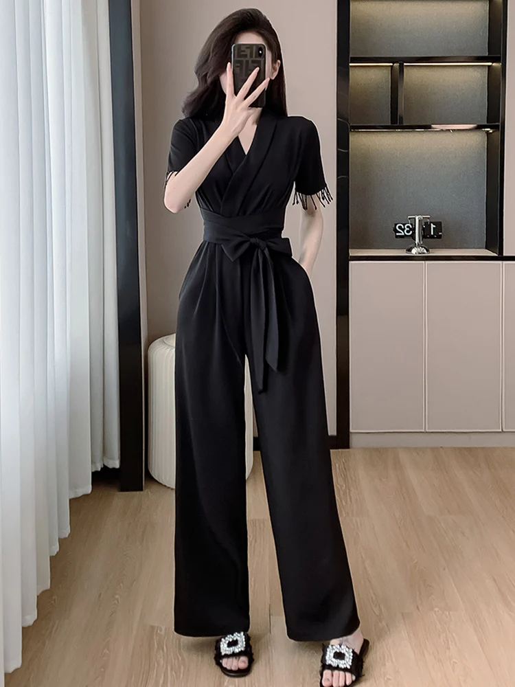 

2024 Summer Elegant Lady Office OL Black Jumpsuits For Women V-Neck Tassels Short Sleeve Casual High Waist Wide Leg Rompers