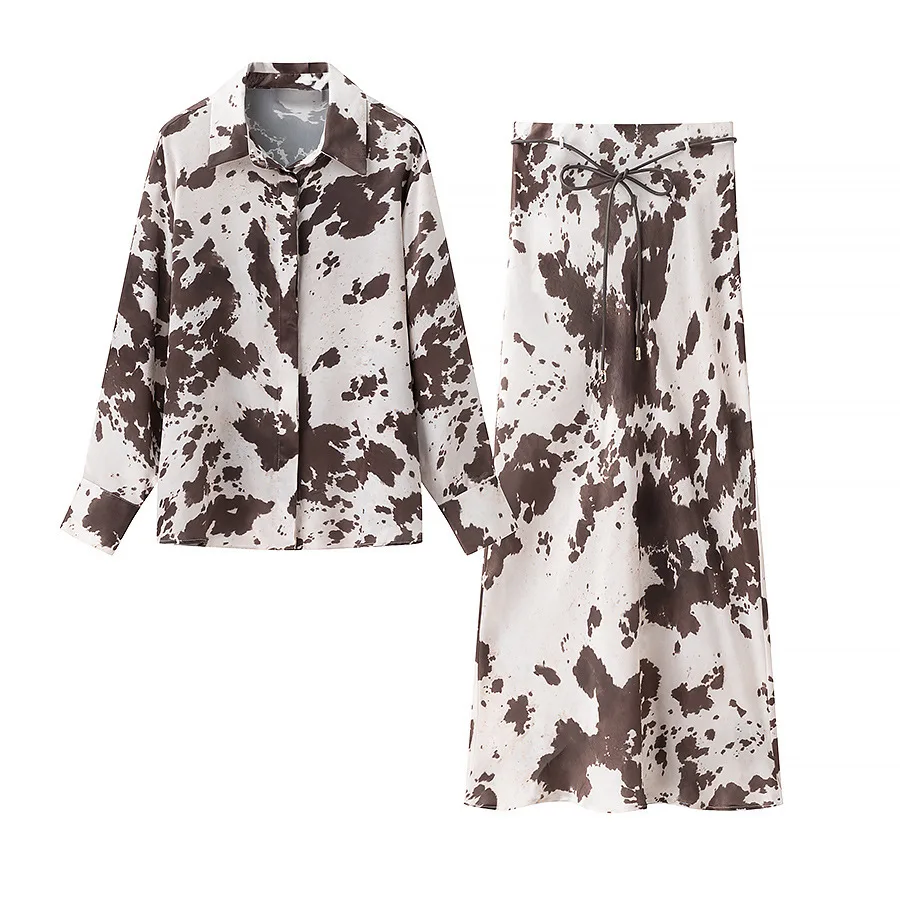 

Women's Two Piece Skirt Set Satin Animal Print Shirt Lapel Long Sleeve Single Breasted Top Elastic Belt Midi Skirt Spring