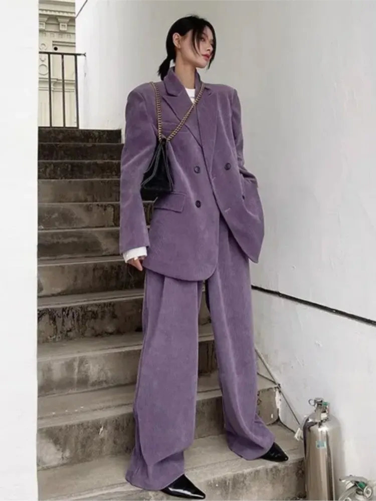 سيدات الأعمال السراويل الدعاوى خمر الشارع سروال قصير عادية مزدوجة الصدر السترة عالية الخصر بنطال ذو قصة أرجل واسعة 2 قطعة تأليف