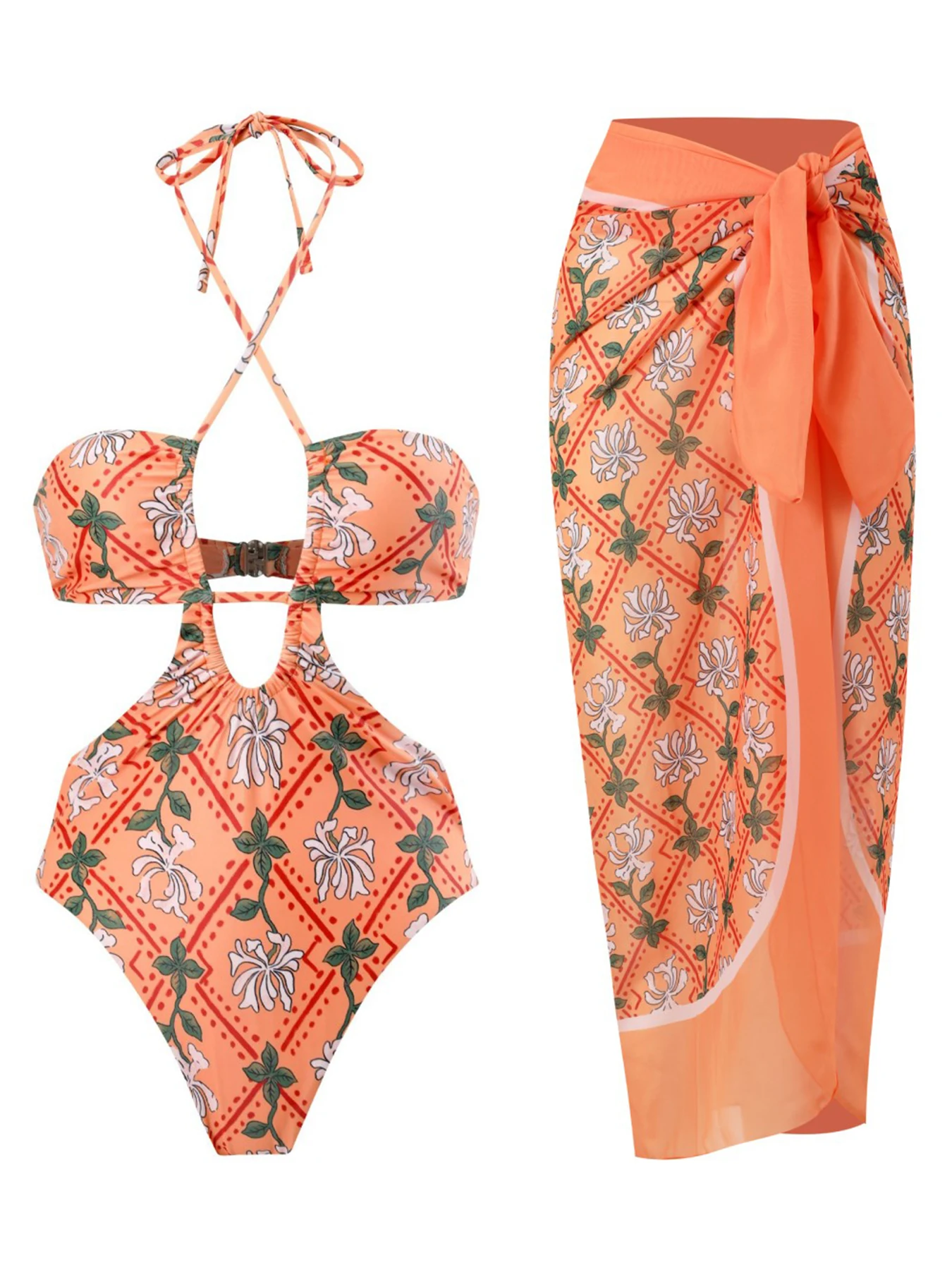 

2023 New Printed One Piece Swimsuit And Beach Dress Halter Strappy Swimwear Women Backless Monokini Hollow Out Bathing Suit Swim