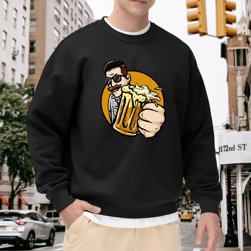 

Men's Black Crew Neck Sweatshirt with Cartoon Beer Pattern Print, Loose Casual Versatile Style, Trendy Streetwear Pullover for Everyday Wear