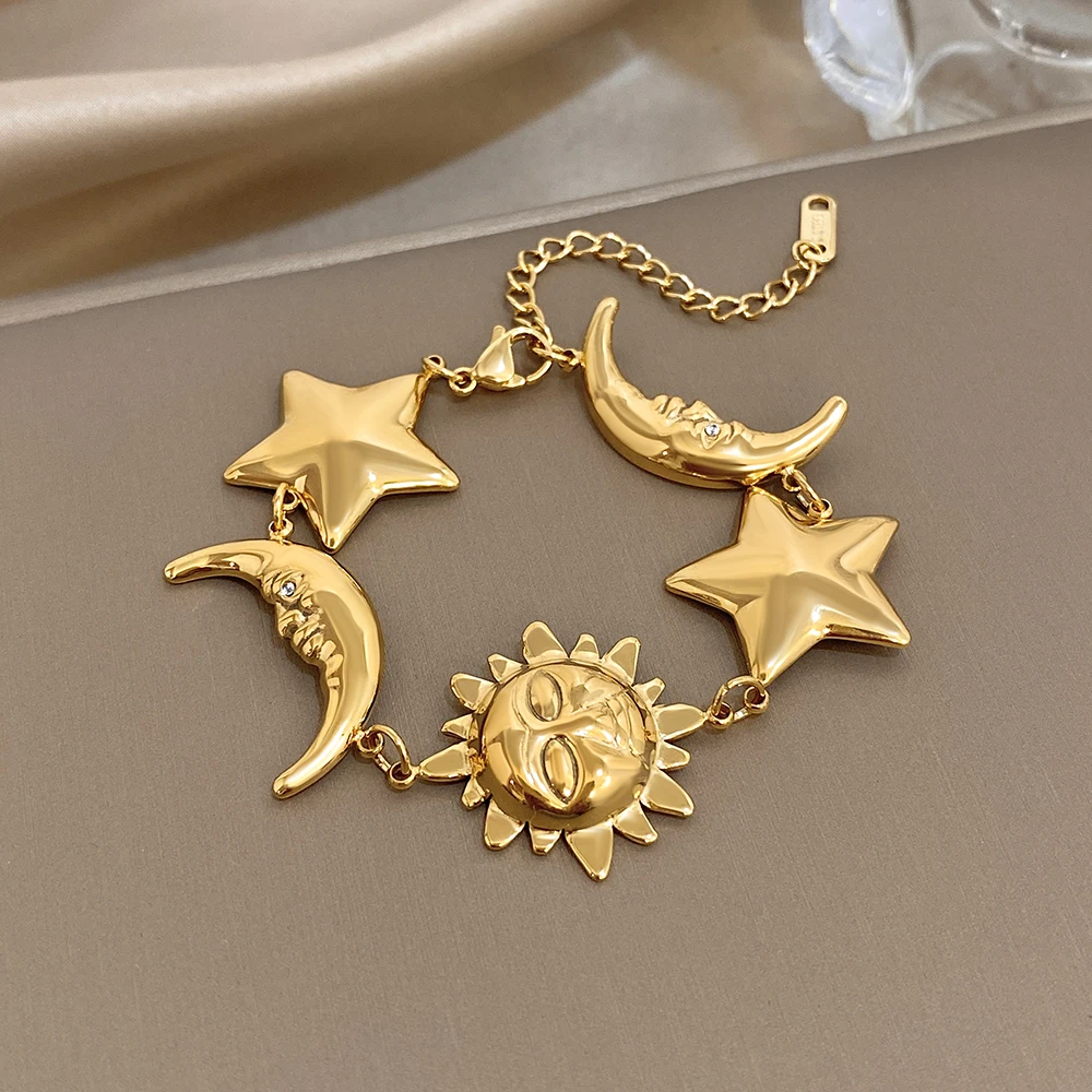 

Vintage Gold Color Stainless Steel Bracelet for Women Trendy Star Moon Sun Charm Wide Bracelet Party Waterproof Jewelry Gift