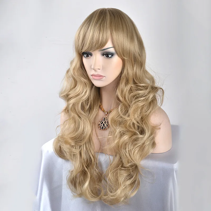 Vogue Long Brown Synthetic Natural Wave Machine Wig Heat Resistant Fiber Cosplay For Women