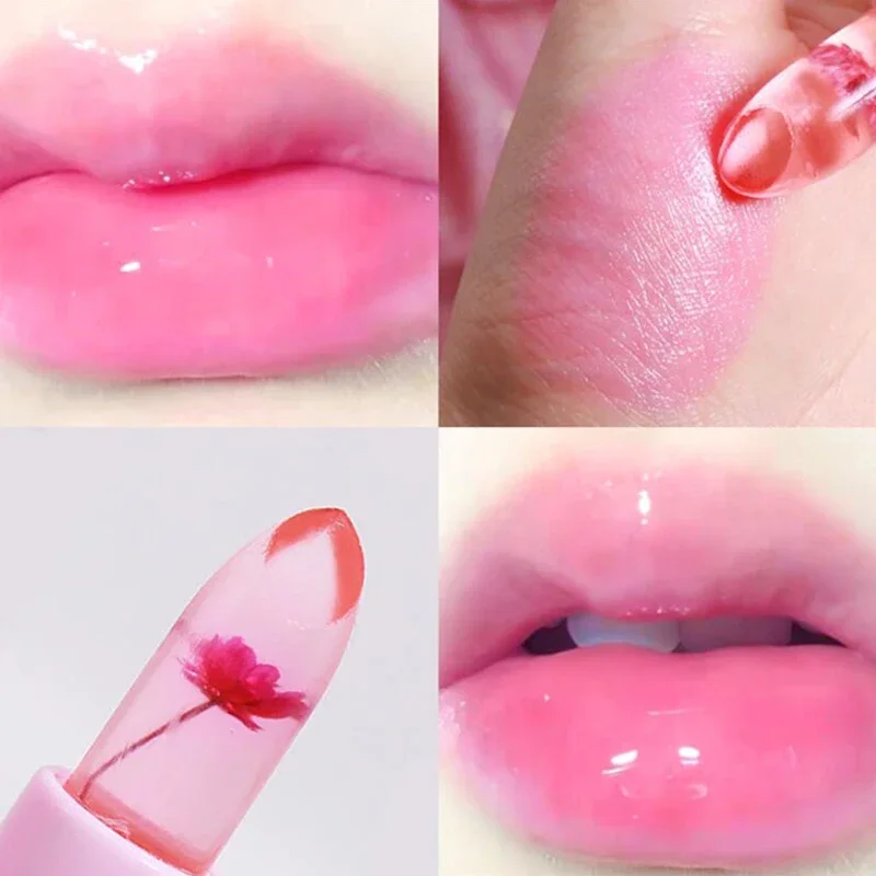 1pcs Crystal Clear Flower Lip Balm Temperature Color Changing Lipstick Nutritious Moisturizer Vitamin E Lipstick
