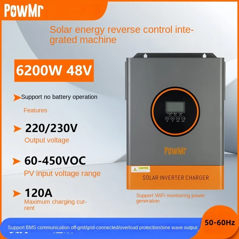

Гибридный солнечный инвертор 6,2 кВт, 48 В до 220–240 В переменного тока, автономное питание/накопитель энергии, обратный контроль, встроенная машина, без работы от батареи