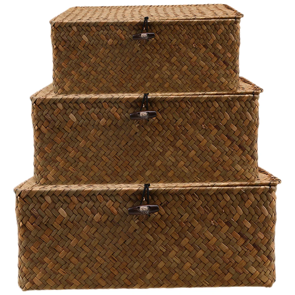 3 Pcs Storage Bins with Lids Makeup Organizer Rattan Furniture Plant Basket Woven Baskets for Seaweed Toy Case Rustic Baby