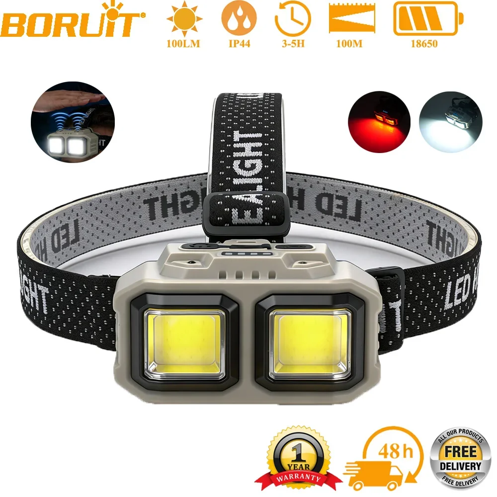 

Налобный фонарь BORUiT LED с индукционным управлением, USB-зарядкой, 4 режимами освещения и встроенным аккумулятором для кемпинга и рыбалки