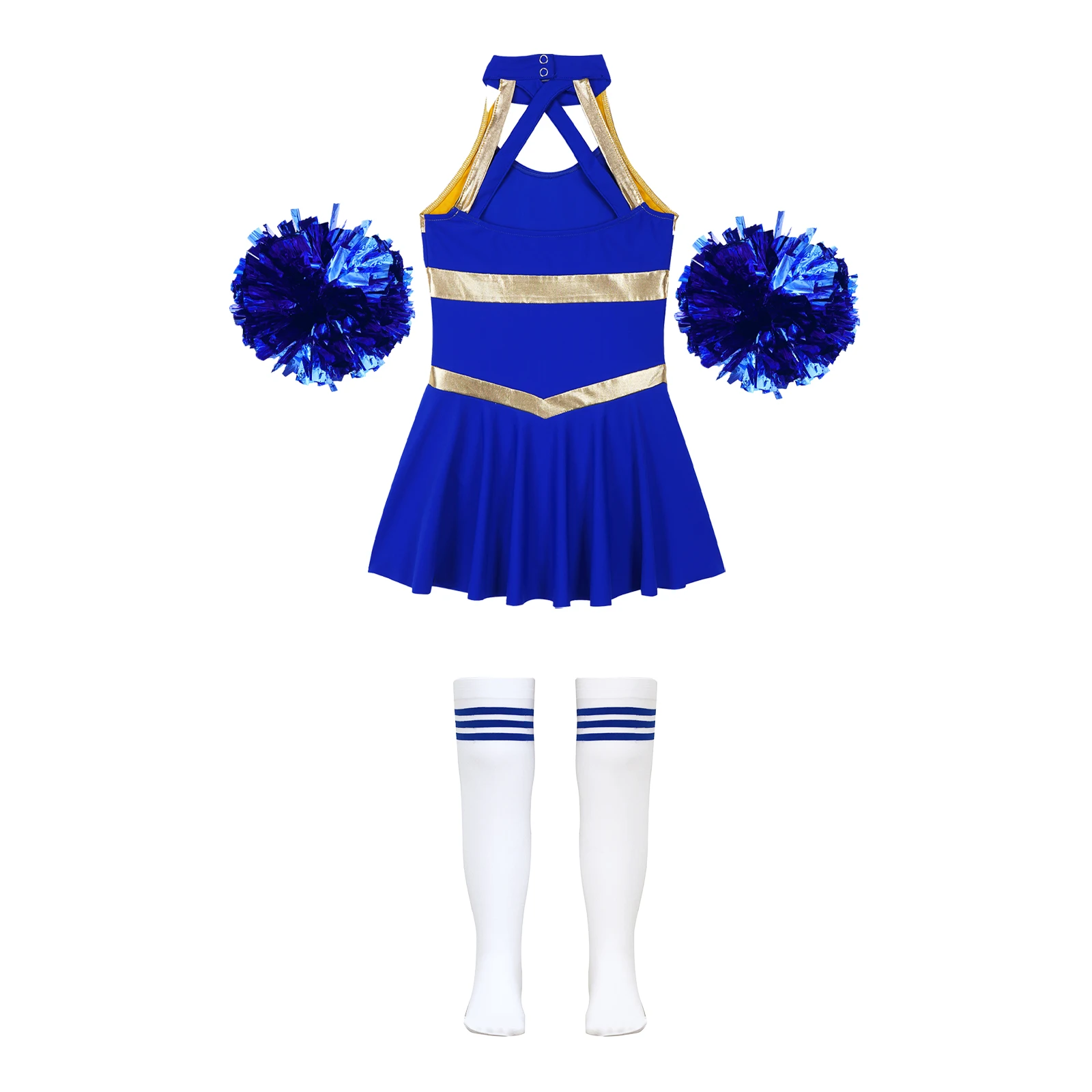 Kids Girls Cheerleading Dance Performance Costume Sleeveless Dress with Flower Balls Striped Socks School Sports Meeting Uniform