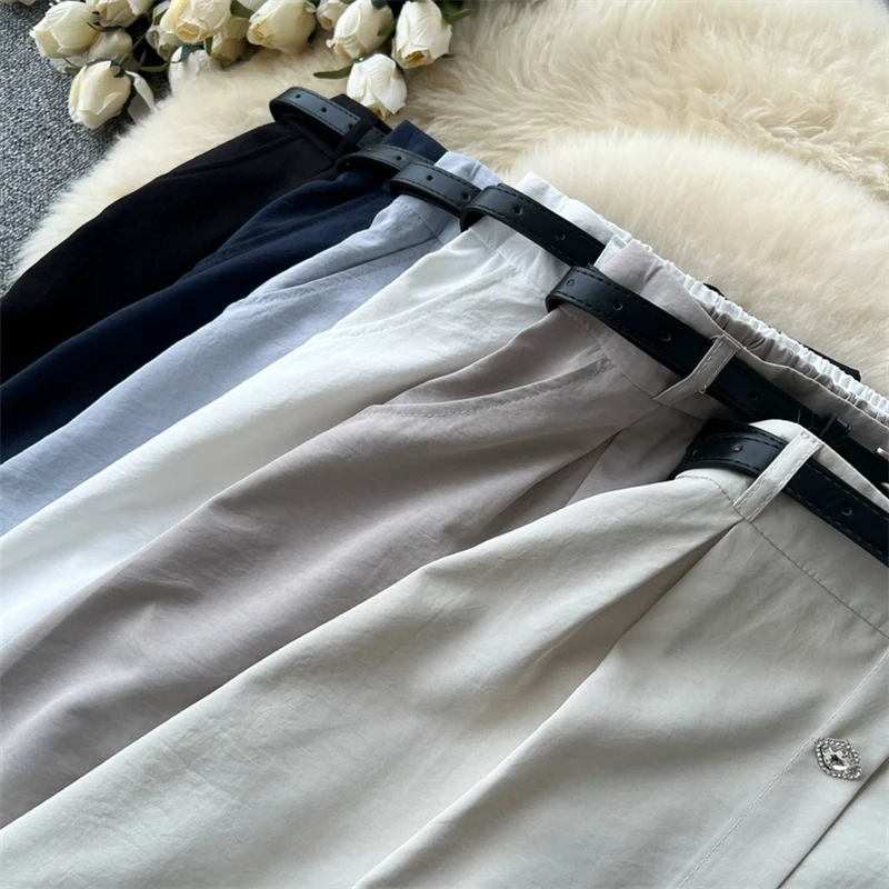 Women Vintage Midi A-line Skirt With Belt High Waist Front Button Casual Long Skirt Ladies Elegant Skirt Summer Office Bottoms