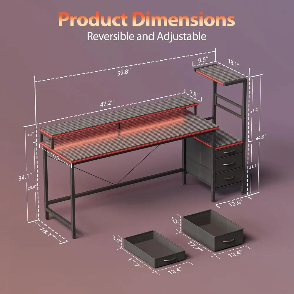 60 Reversible Gaming Desk with LED Lights, Storage, and Power Outlets