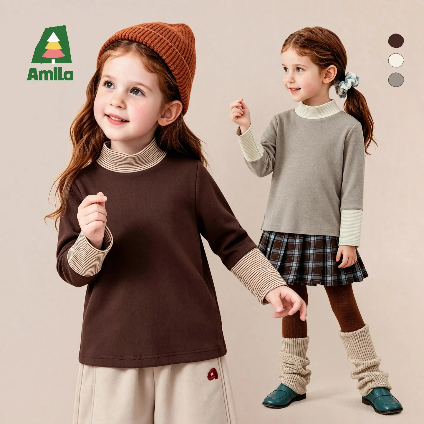 Amila 2026 Winter New Kids T Shirt Solid Stripe Splice Classic Versatile Crew Neck Extra Soft Warm Cozy Daily Comfortable Top