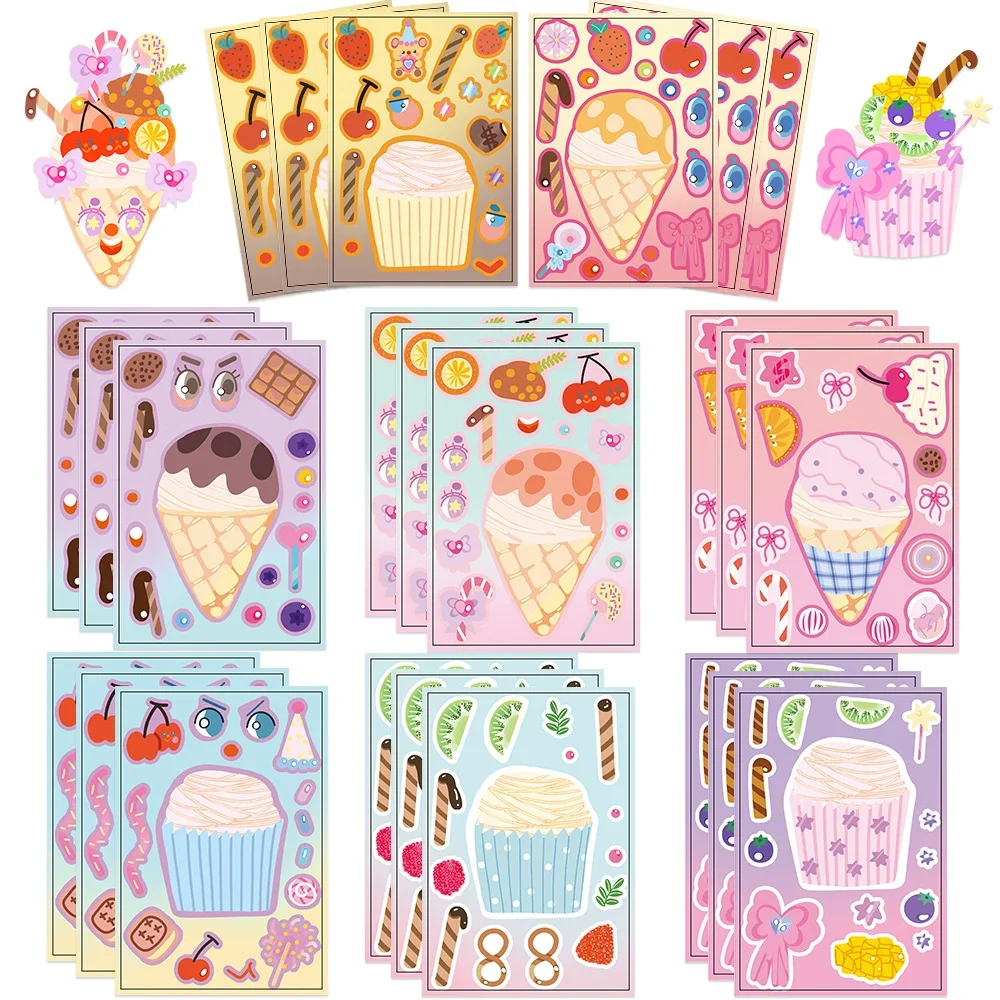 8/16 arkuszy Cartoon Ice Cream Cake DIY Make A Face Naklejki Puzzle Zabawki dla dzieci Urodziny Baby Shower Party Favors Pinata Fillers