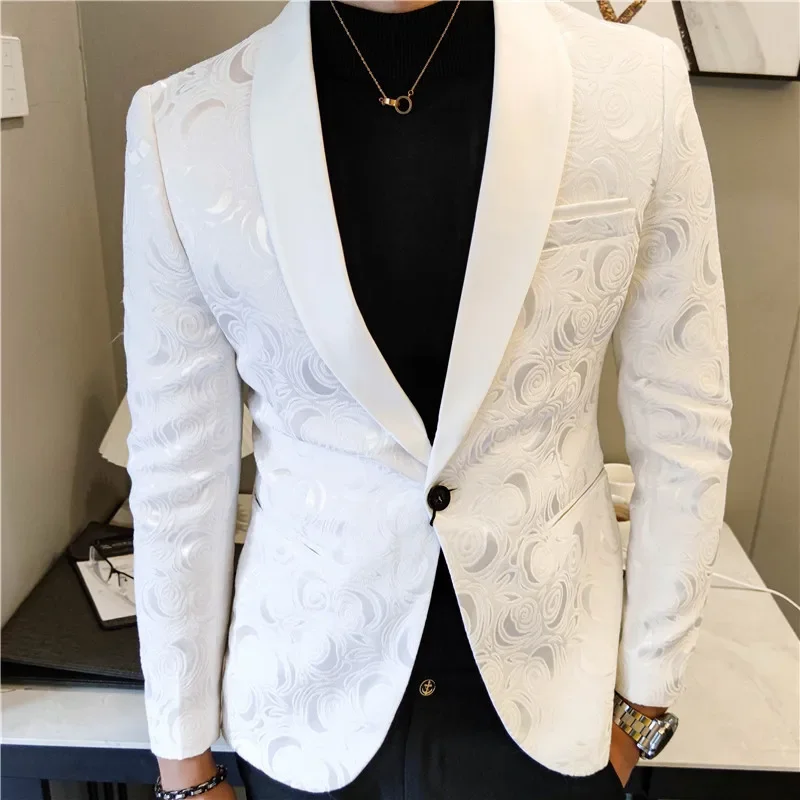 

Rose Jacquard White Wedding Blazer For Men Korean Slim Night Club Stage Outfit Casual Flower Fashion Man Suit Blazer Masculino