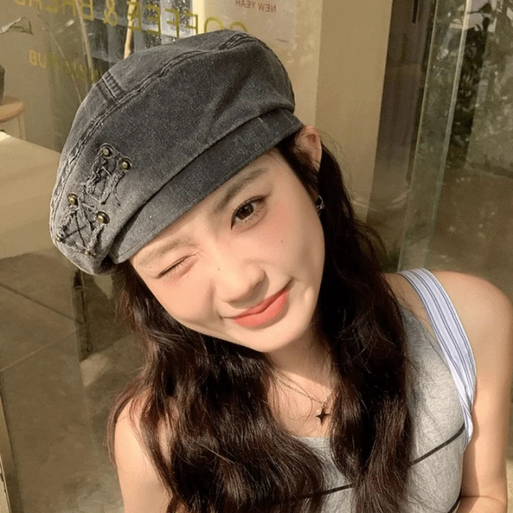 Personality Japanese Style Washed Cotton Demin Berets Rivet Patch Literary Painter Hat Khaki Retro Artist Cap Streetwear