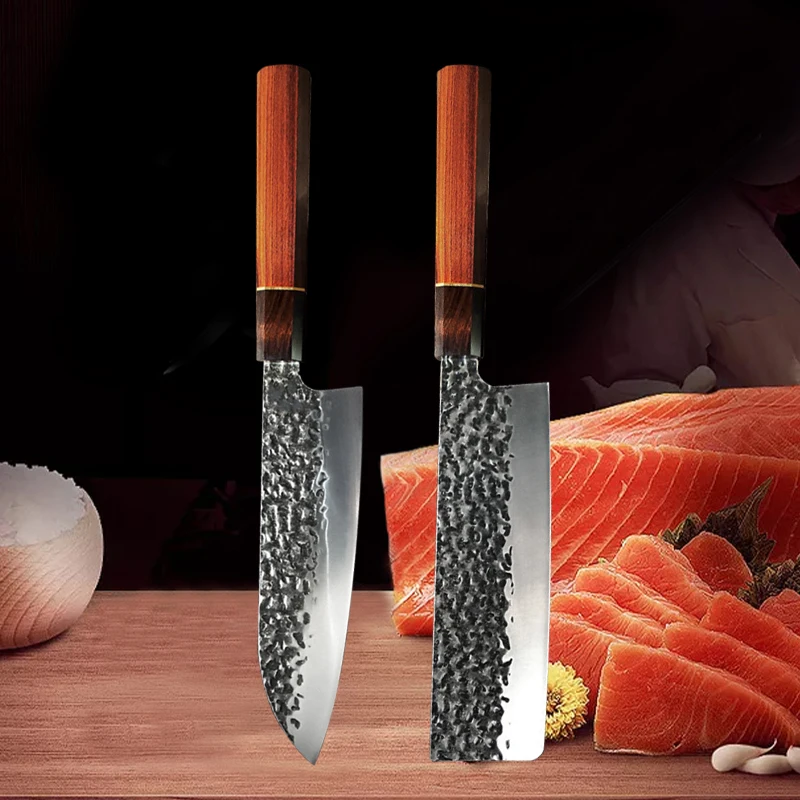 NONE Japanische Küchenmesser Gehämmertes Kochmesser 90Cr18MoV Edelstahl Santokumesser Fleischbeil Lachs Sushi Schneidemesser 3