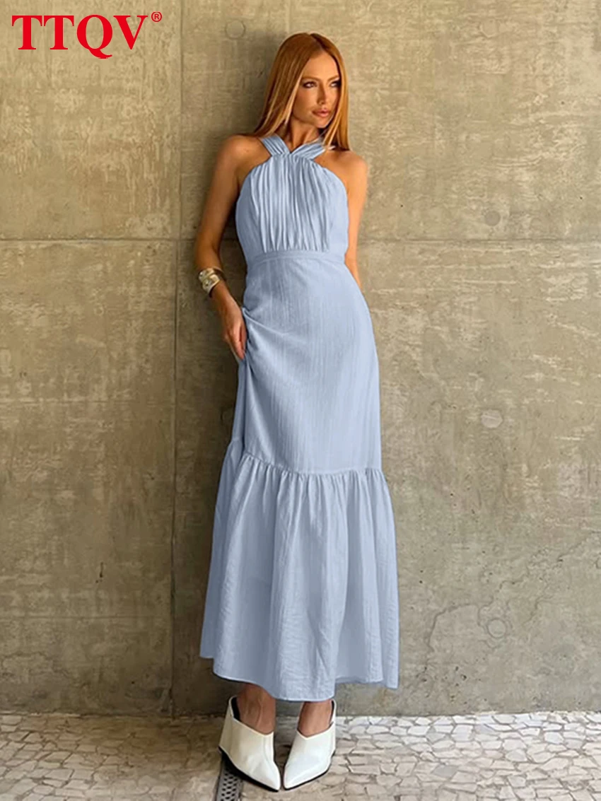 

TTQV Sexy Slim Blue Women's Dress 2026 Summer Halter Sleeveless Ankle Length Dresses Elegant Classic High Waist Feamle Dress