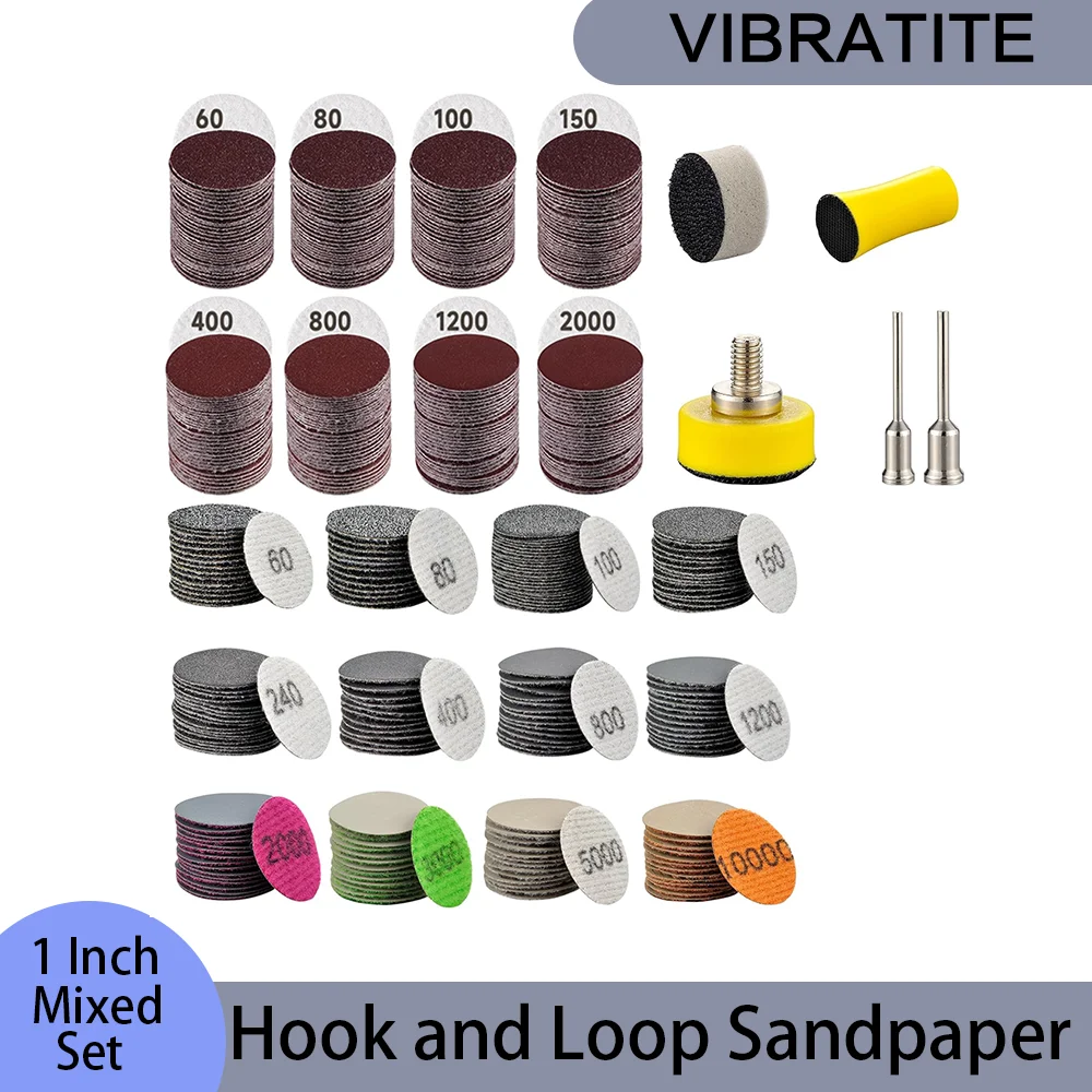 

1-дюймовый набор наждачной бумаги на липучке, 2-364 шт. в ассортименте зернистостью 60-10000 с подкладкой и мягкой пенопластовой буферной подушечкой для полировки