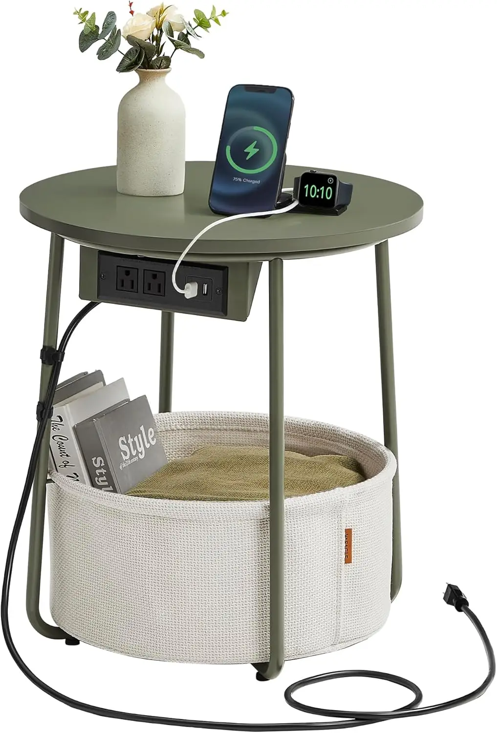 

LILEA Collection - Side Table with Charging Station, Round End Table with Fabric Basket, Nightstand with USB Ports, for Livin