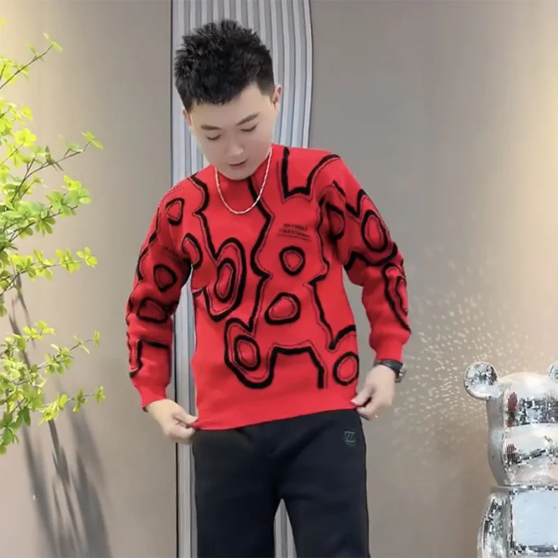 

Ele Knitted Sweater Men's Floral Pattern round Ne Long Sve Winter Faion Inner Wear Red Color New Year Rabbit Year Top