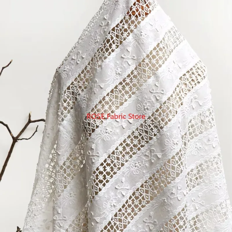 White Cotton Cloth Openwork  3D Embroidery Lace Fabric Handmade DIY Clothes Sewing Accessories Width 125cm