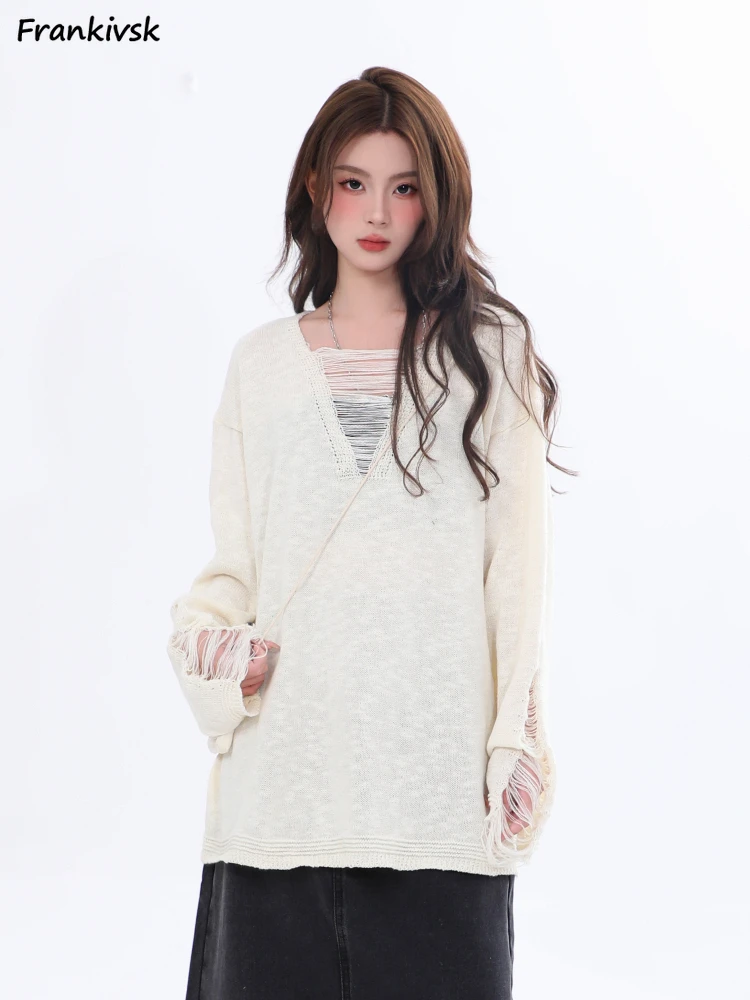 

Frayed Sweaters Women Fashion Baggy Solid Temperament Korean Style Long Sleeve Elegant Tender Slouchy Daily Versatile Classic