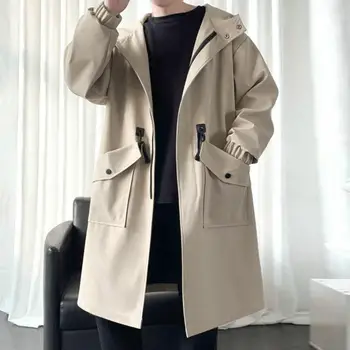 Men's Hooded Japanese Streetwear Trench Coat 4 Long Trench Coat Jacket Men Autumn Spring Black Hip Hop Japanese Coats Streetwear Male Hooded Green Khaki Casual Jackets 4