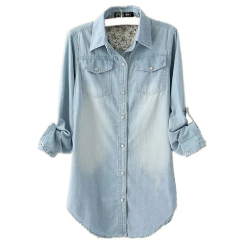 Summer Female Denim Long Shirts Feminina Women Casual Cotton Jean Blouse Women 'S Tops Turn -Down Pockets Light Blue