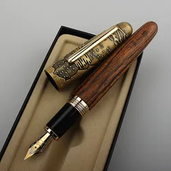 Jinhao-pluma estilográfica con relieve de Tigre, juego de bolígrafos de oficina de escritura de madera hecha a mano, regalos de papelería para negocios, EF/F/M/punta doblada, 9056