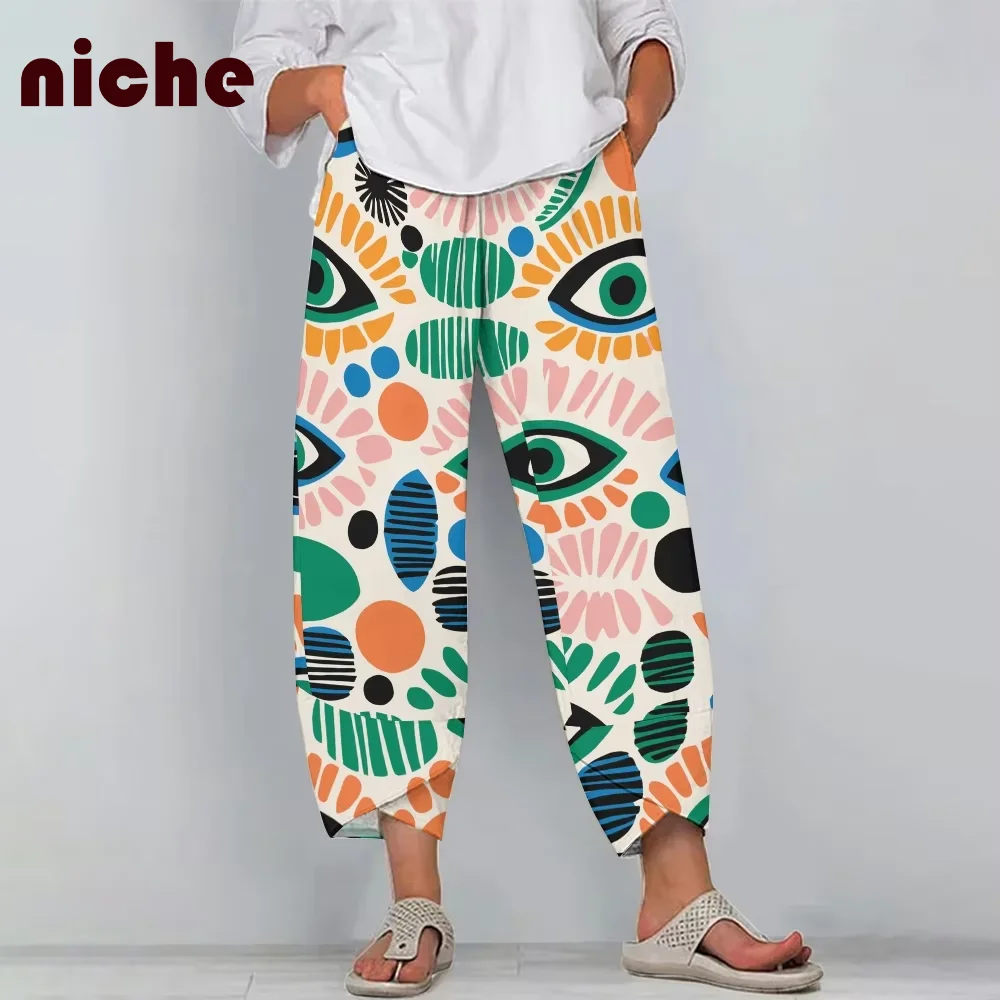 Ladies Beach Wide-Leg Pants Color Color Block Eye Graphic Printing High Quality Soft Comfortable Fabric New Nine-Point Pants