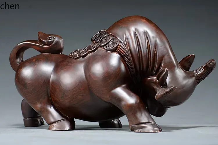 HTT Ebony Wood Carving Ornament Cow Sculpture Money Cow Zodiac Cow Living Room Decoration Office Desk Display High-end Gift