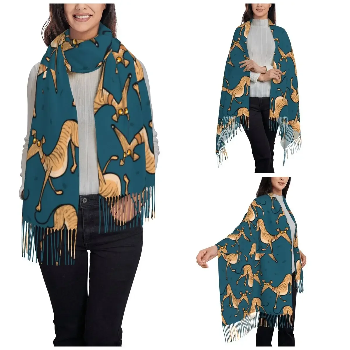 Womens Scarf with Tassel Greyhound Whippet Lurcher Dog Long Soft Warm Shawl and Wrap Animal Dog Reversible Pashmina Scarves