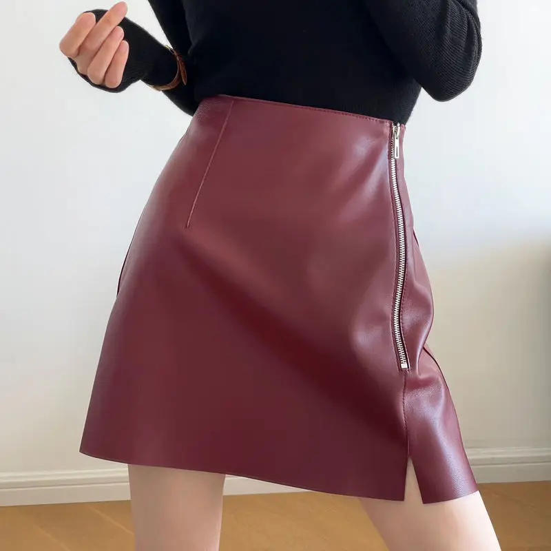 

Leather Skirt Spring and Autumn Women's Side Zipper Split High Waist Slim A-line Skirt