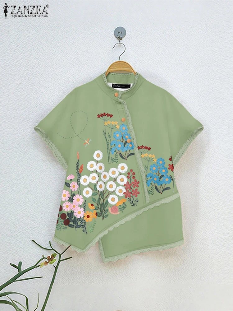 

ZANZEA, летняя блузка с цветочным принтом, винтажные женские рубашки, топы на пуговицах с короткими рукавами, женские рабочие блузки с воротником-стойкой, оверсайз 2025