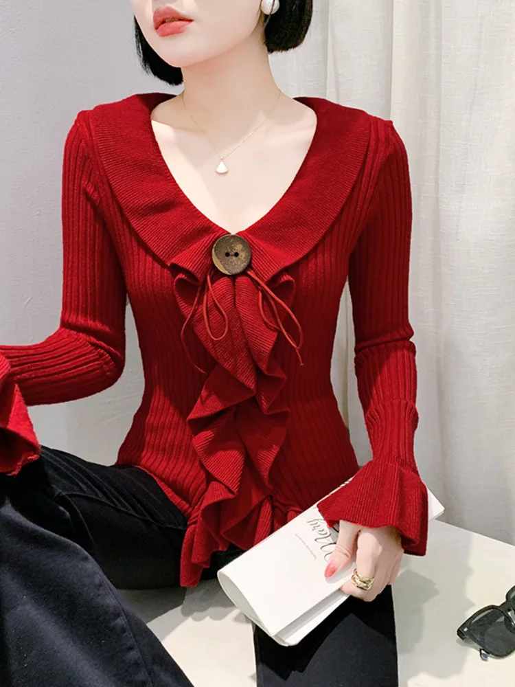 Sweater Women's 2025 Autumn And Winter New Item Ruffled V-Neck Button Over Sweater Slim Fit Top Long Sleeved Base Shirt