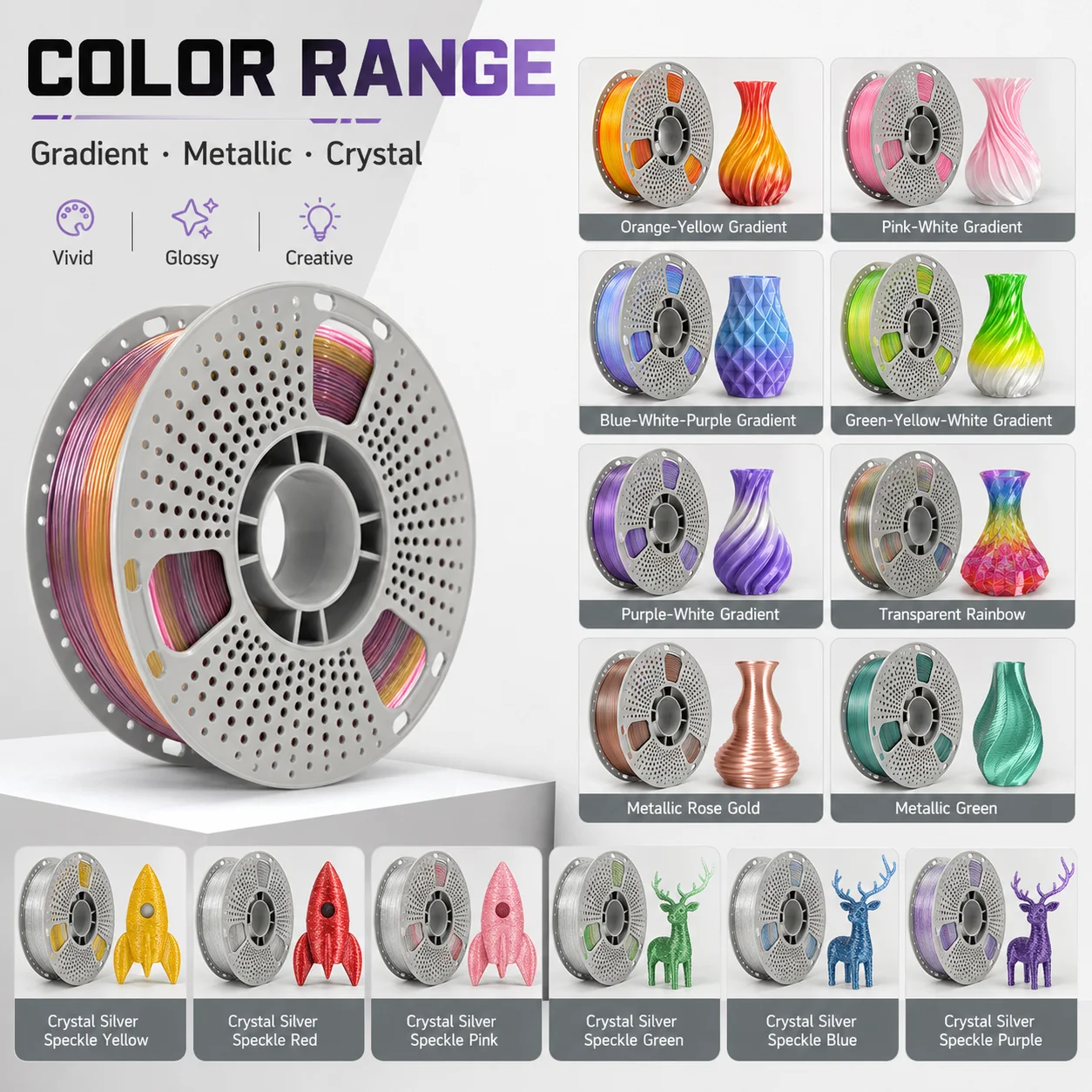 PETG 3D Printer Filament 1.75mm, Multi-Option Bundles Collection (10-Pack Matte, 14-Pack Gradient/Crystal/Metallic, & 16-Pack Sets A/B), 1kg per Spool, High Toughness, Dimensional Accuracy +/- 0.03mm, Fits Most FDM Printers