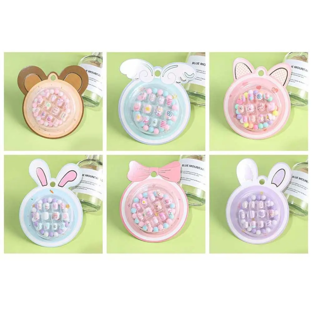 12 pçs/set material de manicure crianças unhas falsas pulseira acessórios para unhas cobertura completa dicas da arte do prego dos desenhos animados unhas falsas flores