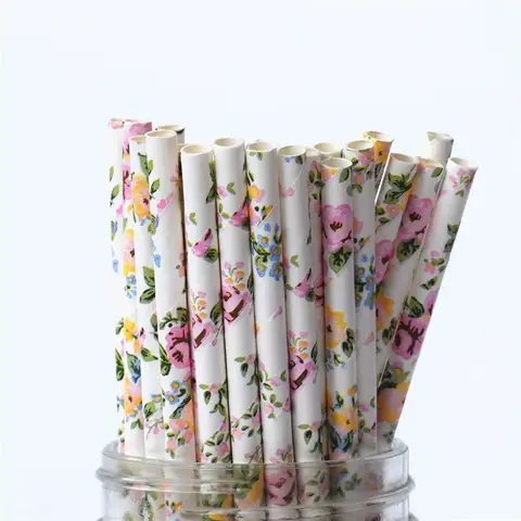 25/50/100pcs Romantic Paper Straws Biodegradable  Vintage Retro Floral Drinking Paper Straws Christmas Decoration Wedding Events