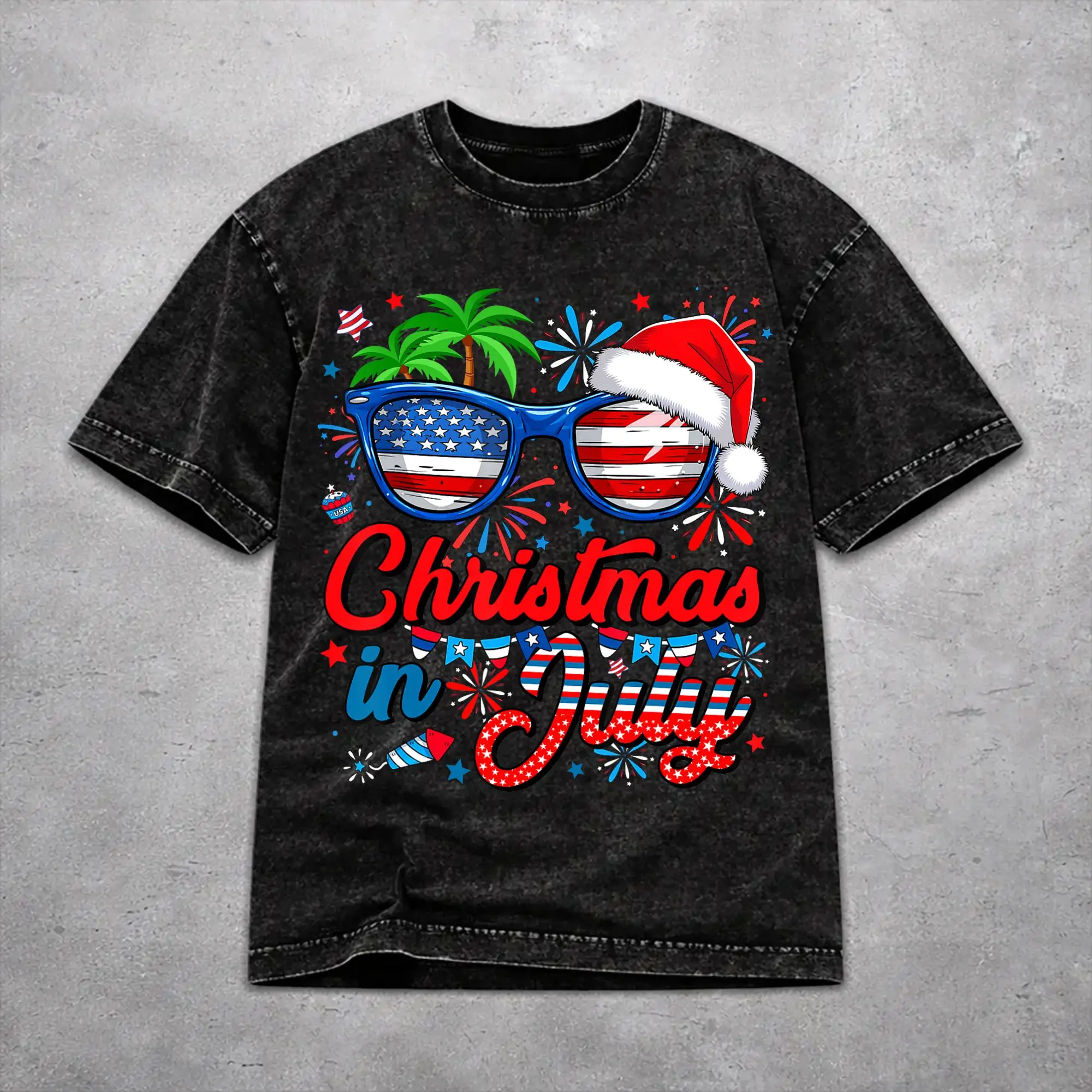 Men Women Vintage Washed T-shirts Christmas In July Vacation Printed T Shirt Accessories Oversize  Tee Shirt