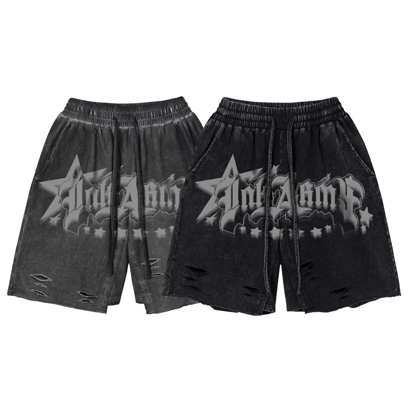 2023 Summer New Casual Streetwear Shorts Men's American Print Wash Old Vintage Cotton Capris Large